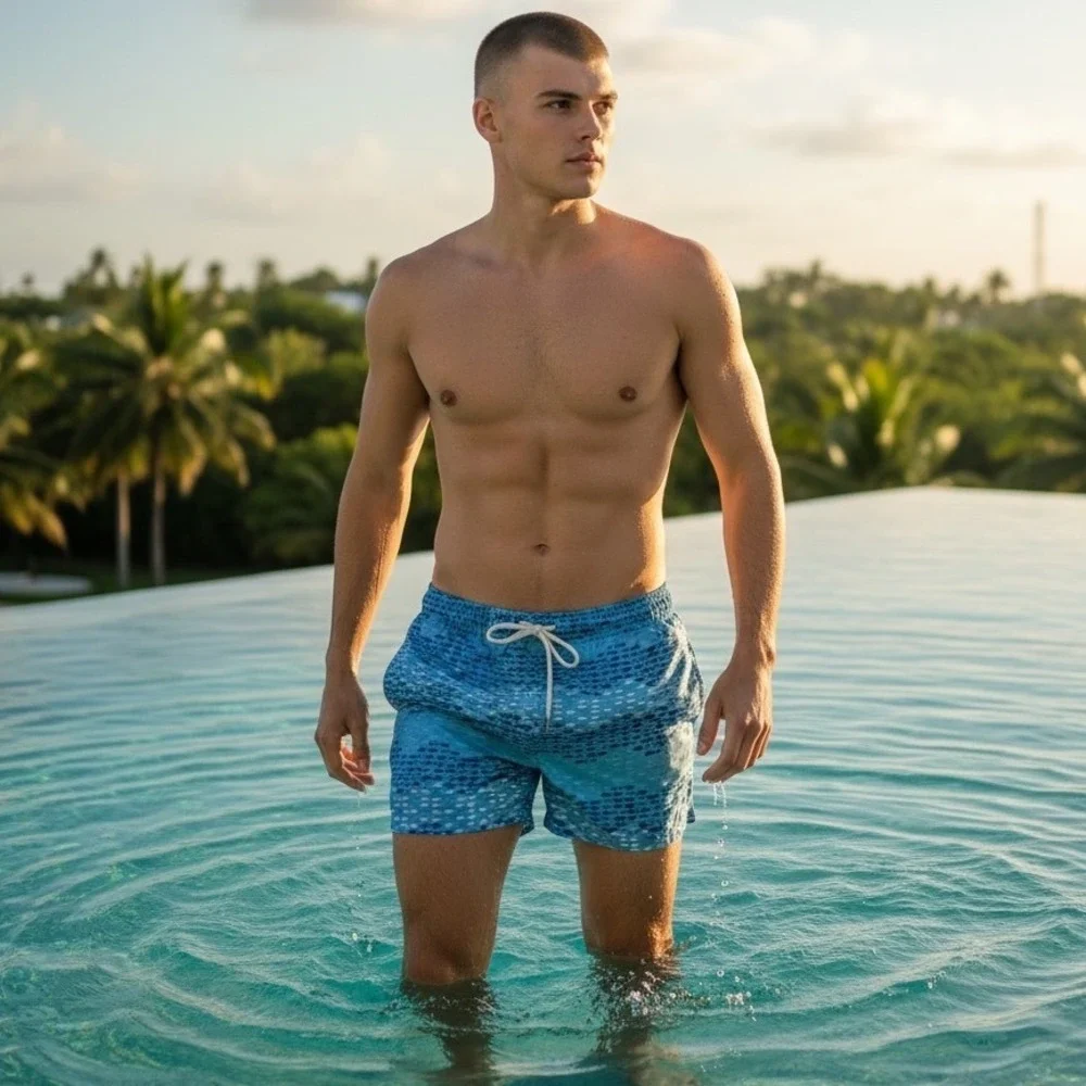 2(X)IST Mens Blue Fish Print Swim Trunks Mesh Lined Drawstring Shorts Size L